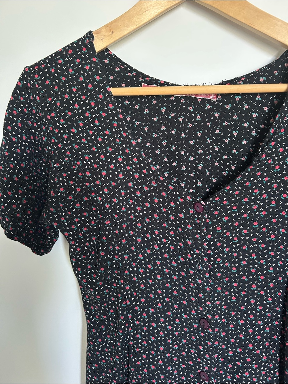 Black Floral Button-Front Dress with Pink & White Ditsy Print